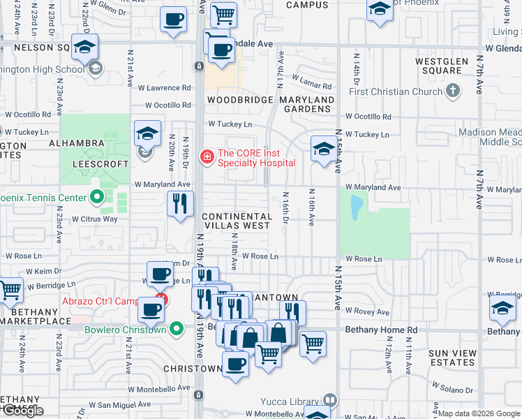 map of restaurants, bars, coffee shops, grocery stores, and more near 1728 West Marlette Avenue in Phoenix