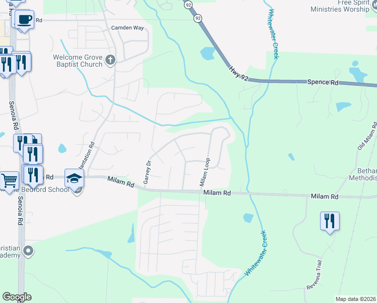 map of restaurants, bars, coffee shops, grocery stores, and more near 8305 Gledstone Way in Fairburn