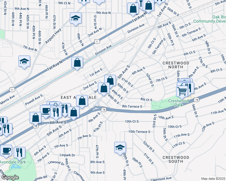 map of restaurants, bars, coffee shops, grocery stores, and more near 4900 6th Avenue South in Birmingham