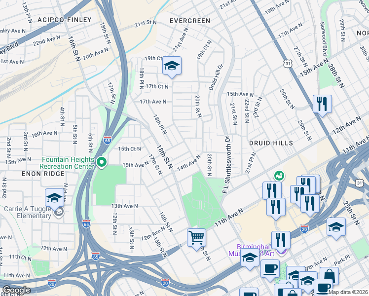 map of restaurants, bars, coffee shops, grocery stores, and more near 1841 14th Court North in Birmingham