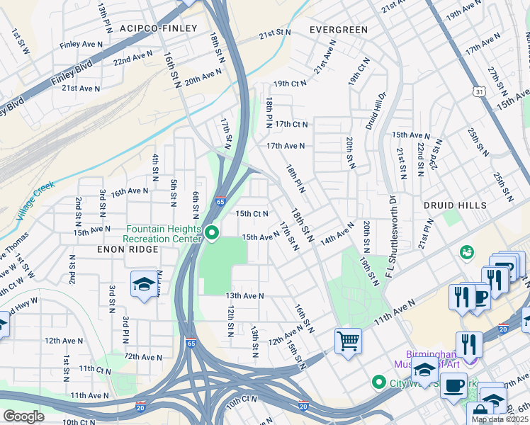 map of restaurants, bars, coffee shops, grocery stores, and more near 1523 13th Street North in Birmingham