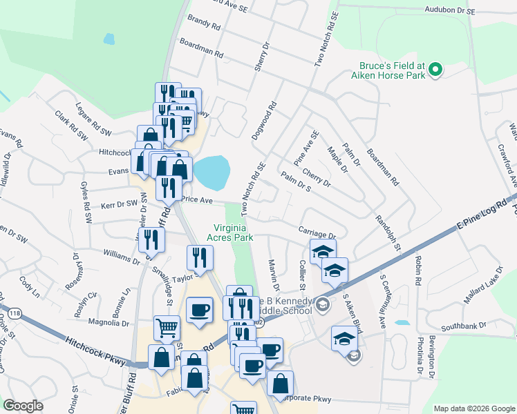 map of restaurants, bars, coffee shops, grocery stores, and more near 1024 Carriage Drive in Aiken