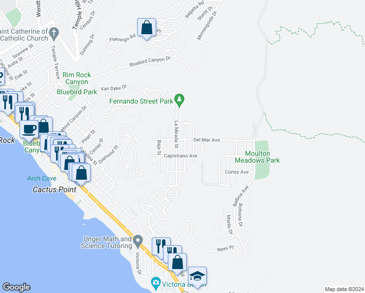 map of restaurants, bars, coffee shops, grocery stores, and more near 1059 Miramar Street in Laguna Beach