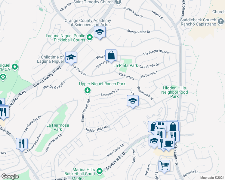 map of restaurants, bars, coffee shops, grocery stores, and more near 24961 Stonegate Lane in Laguna Niguel