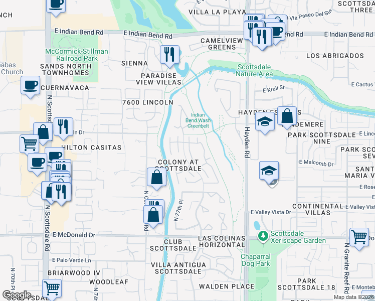 map of restaurants, bars, coffee shops, grocery stores, and more near 6349 North 78th Street in Scottsdale