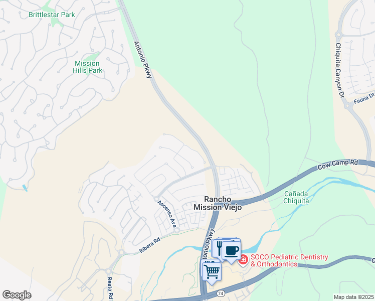 map of restaurants, bars, coffee shops, grocery stores, and more near 30 Corazon Street in Ladera Ranch