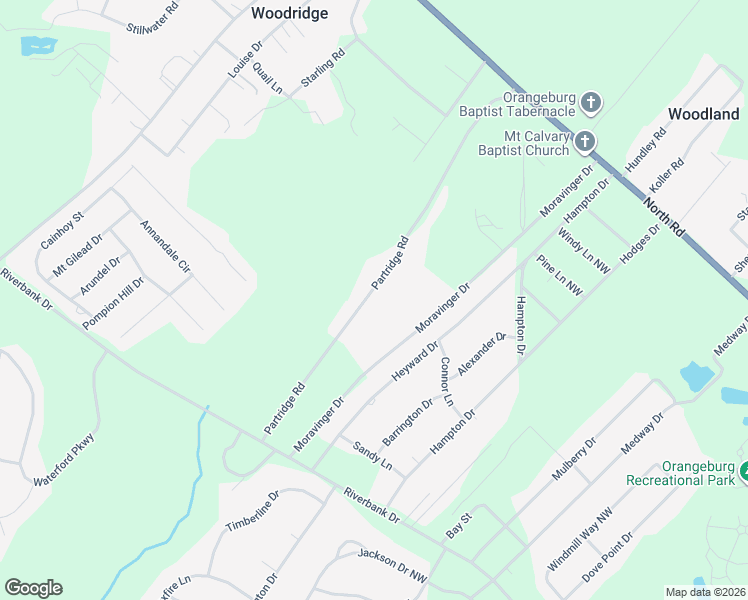 map of restaurants, bars, coffee shops, grocery stores, and more near 761 Partridge Road in Orangeburg
