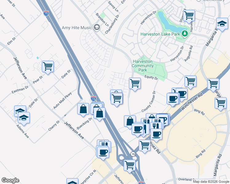 map of restaurants, bars, coffee shops, grocery stores, and more near 28538 Via Prago in Temecula