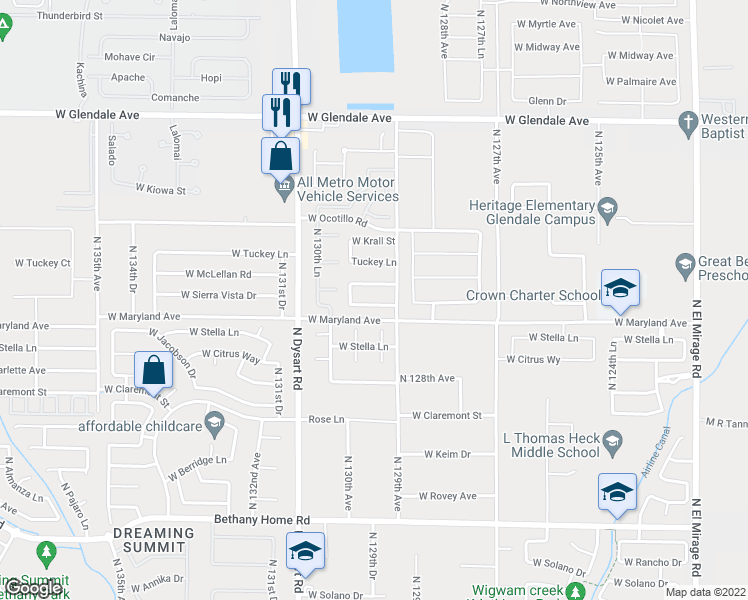 map of restaurants, bars, coffee shops, grocery stores, and more near 12926 West Sierra Vista Drive in Glendale