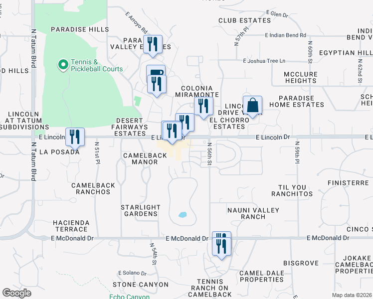 map of restaurants, bars, coffee shops, grocery stores, and more near 6196 North Las Brisas Drive in Paradise Valley