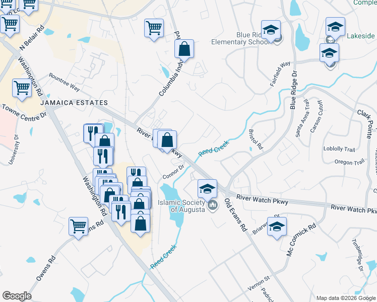 map of restaurants, bars, coffee shops, grocery stores, and more near 4355 River Watch Parkway in Evans