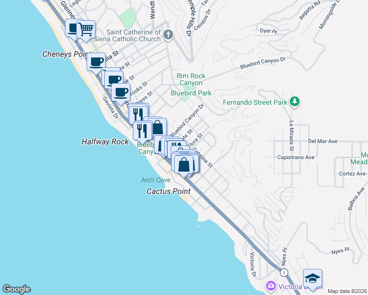 map of restaurants, bars, coffee shops, grocery stores, and more near 358 Flora Street in Laguna Beach