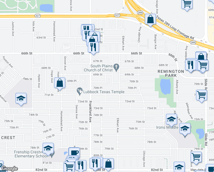 map of restaurants, bars, coffee shops, grocery stores, and more near 5716 70th Place in Lubbock