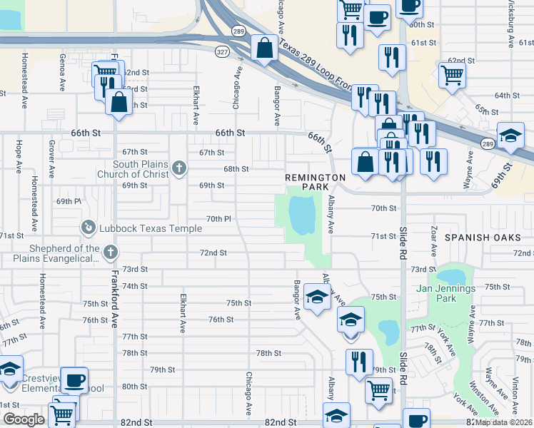 map of restaurants, bars, coffee shops, grocery stores, and more near 5412 70th Place in Lubbock