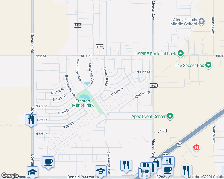 map of restaurants, bars, coffee shops, grocery stores, and more near 1309 Churchill Avenue in Wolfforth