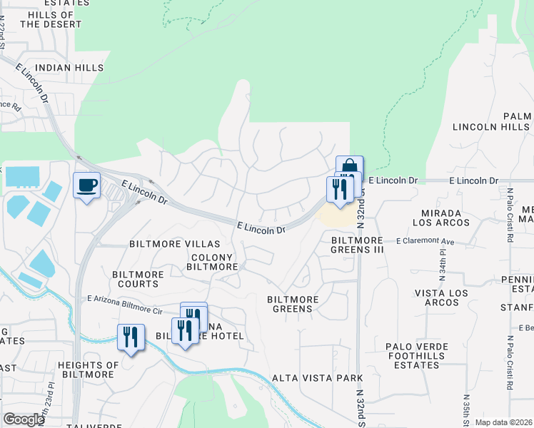 map of restaurants, bars, coffee shops, grocery stores, and more near 6413 North 30th Place in Phoenix