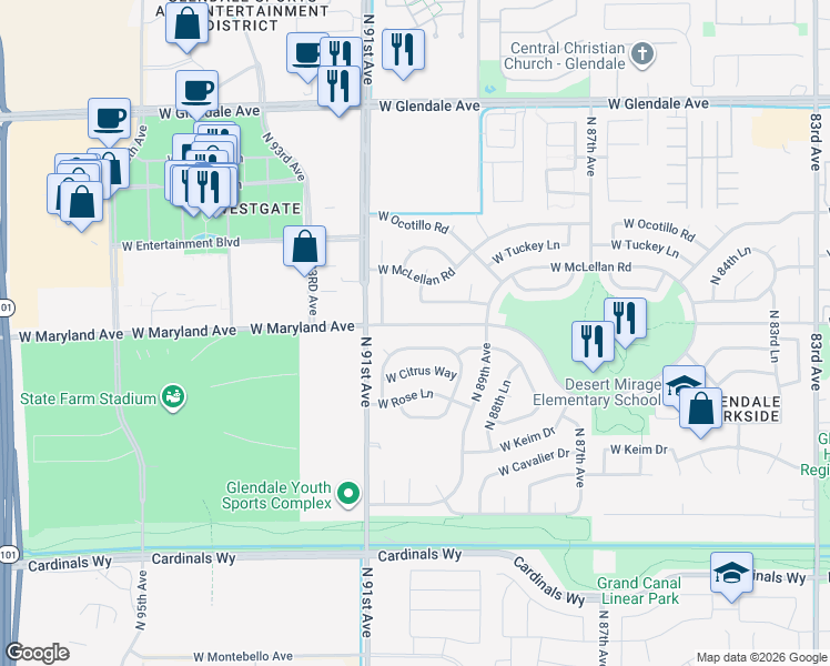 map of restaurants, bars, coffee shops, grocery stores, and more near 8955 West Stella Avenue in Glendale