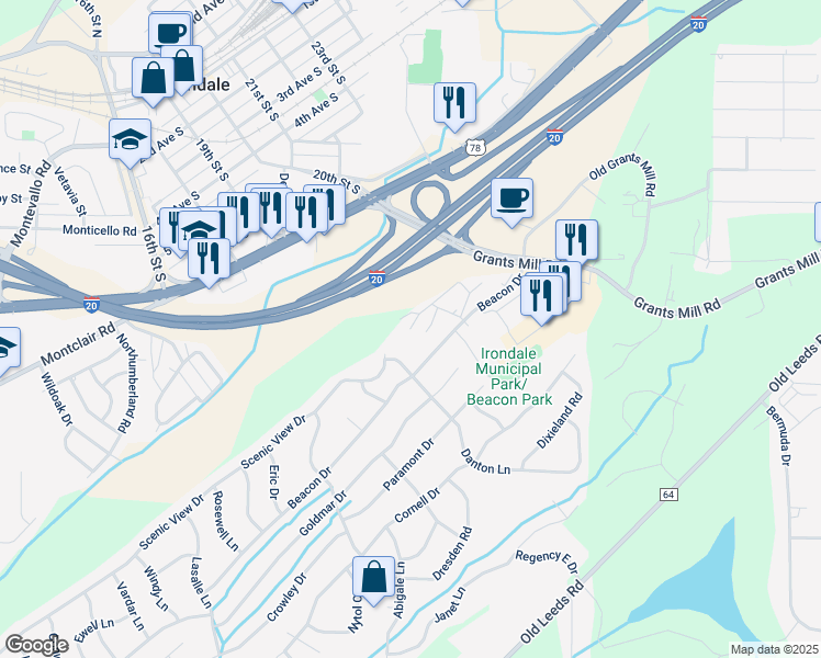 map of restaurants, bars, coffee shops, grocery stores, and more near 5308 Beacon Drive in Irondale