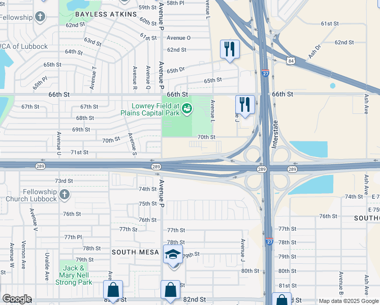map of restaurants, bars, coffee shops, grocery stores, and more near Highway 289 Loop in Lubbock
