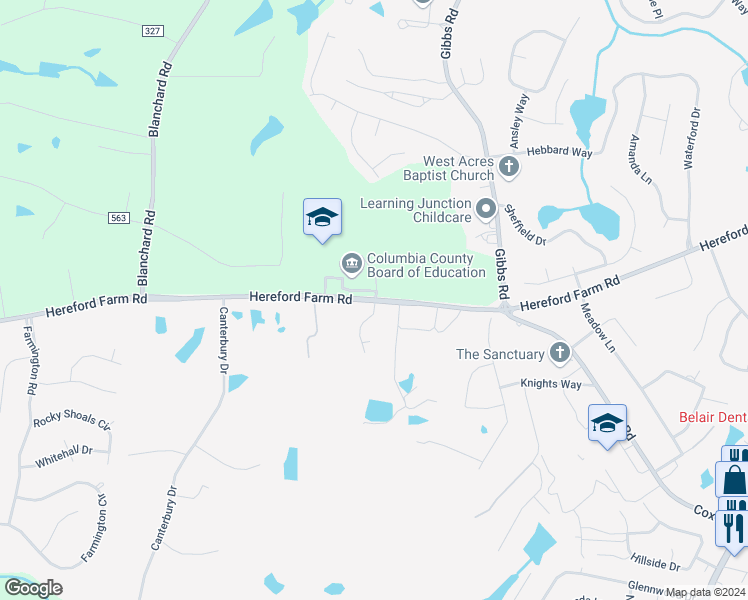 map of restaurants, bars, coffee shops, grocery stores, and more near 4785 Hereford Farm Road in Evans