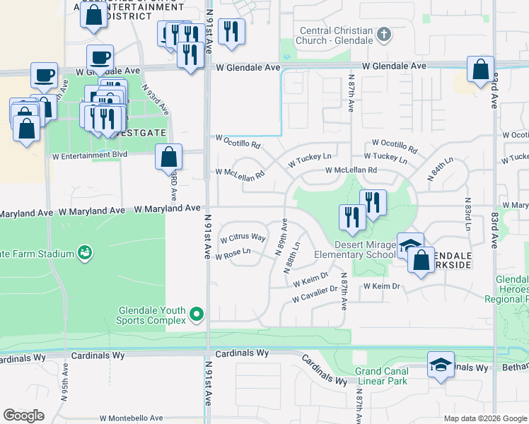 map of restaurants, bars, coffee shops, grocery stores, and more near 8925 West Stella Avenue in Glendale