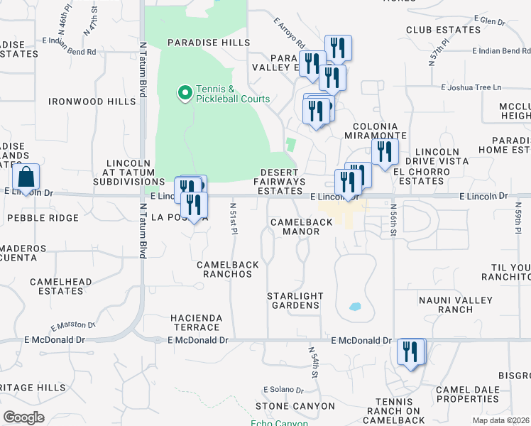map of restaurants, bars, coffee shops, grocery stores, and more near 6420 North 52nd Place in Paradise Valley