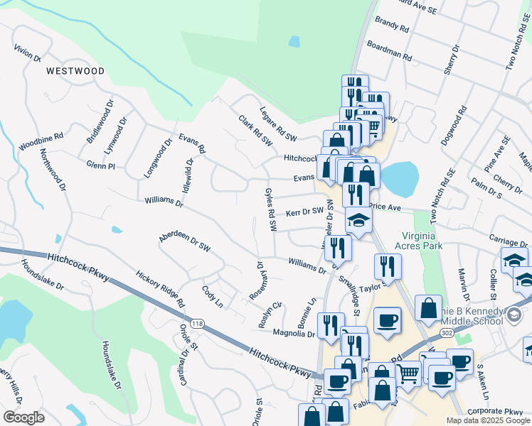 map of restaurants, bars, coffee shops, grocery stores, and more near 115 Gyles Road Southwest in Aiken