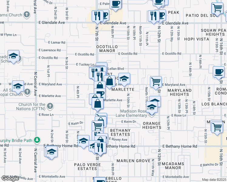 map of restaurants, bars, coffee shops, grocery stores, and more near 910 East Marlette Avenue in Phoenix