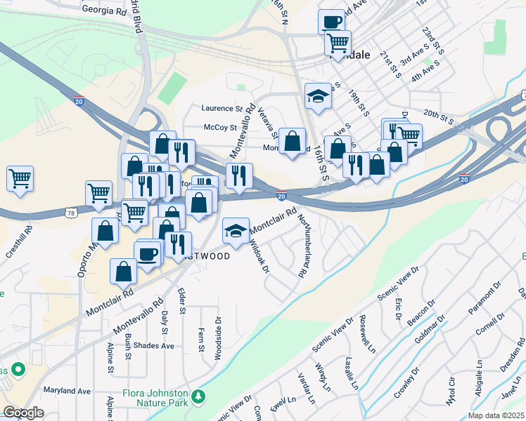 map of restaurants, bars, coffee shops, grocery stores, and more near 1844 Montclair Road in Birmingham