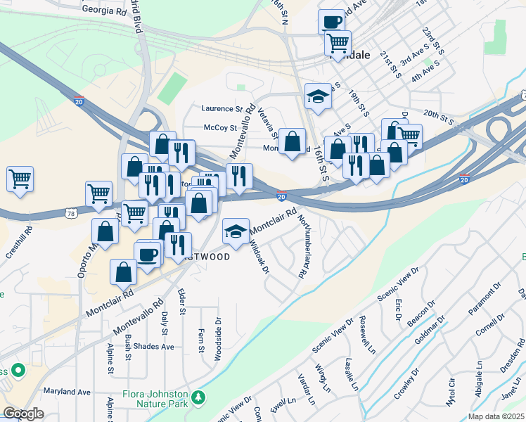 map of restaurants, bars, coffee shops, grocery stores, and more near 1844 Montclair Road in Birmingham