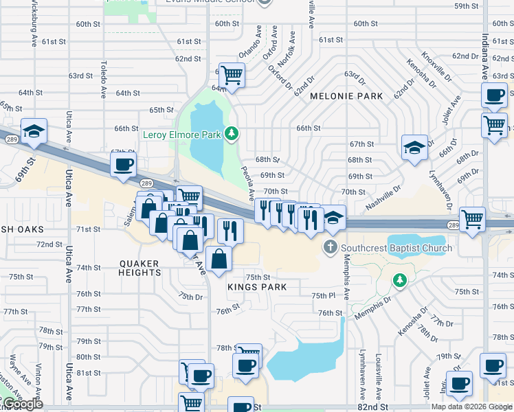 map of restaurants, bars, coffee shops, grocery stores, and more near 4215-4299 Texas 289 Loop Frontage Road in Lubbock