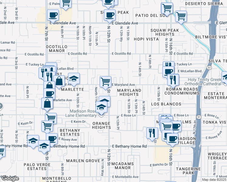 map of restaurants, bars, coffee shops, grocery stores, and more near 6301 North 12th Street in Phoenix