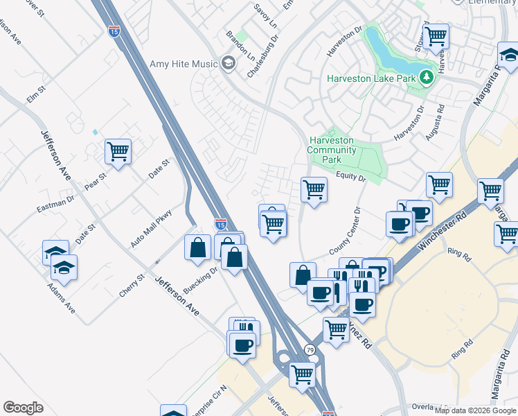 map of restaurants, bars, coffee shops, grocery stores, and more near 28519 Via Crianza in Temecula
