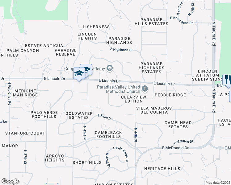 map of restaurants, bars, coffee shops, grocery stores, and more near 6225 North 42nd Street in Paradise Valley