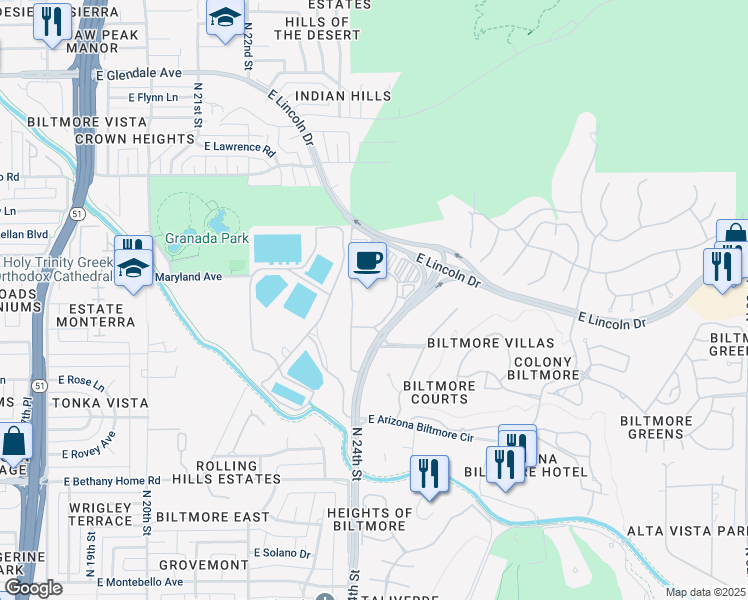 map of restaurants, bars, coffee shops, grocery stores, and more near 2423 East Lincoln Drive in Phoenix