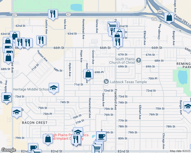 map of restaurants, bars, coffee shops, grocery stores, and more near 6908 Genoa Avenue in Lubbock