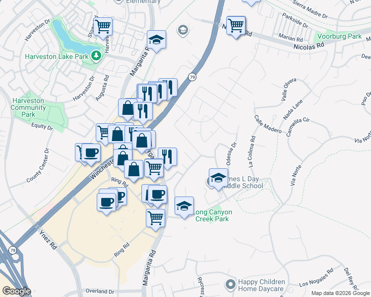 map of restaurants, bars, coffee shops, grocery stores, and more near 27520 Nellie Court in Temecula