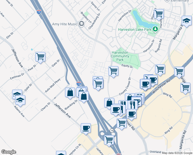 map of restaurants, bars, coffee shops, grocery stores, and more near 28538 Via Prago in Temecula