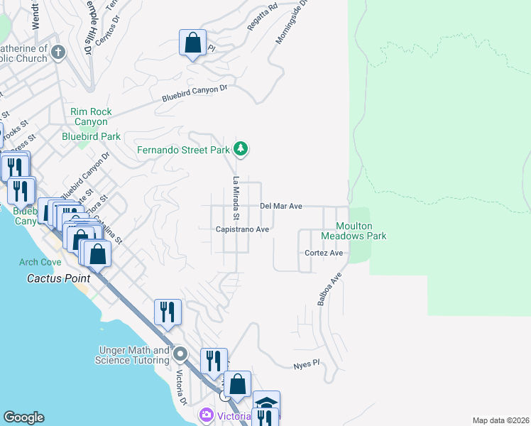 map of restaurants, bars, coffee shops, grocery stores, and more near 1070 Noria Street in Laguna Beach