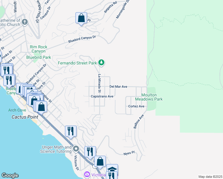 map of restaurants, bars, coffee shops, grocery stores, and more near 1070 Noria Street in Laguna Beach