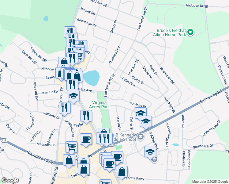 map of restaurants, bars, coffee shops, grocery stores, and more near 189 Kendallwood Court in Aiken