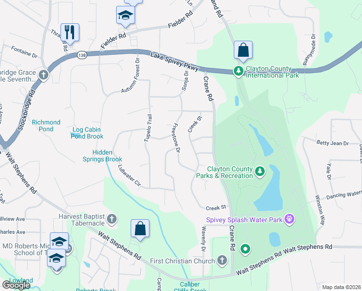map of restaurants, bars, coffee shops, grocery stores, and more near 8214 Freestone Drive in Jonesboro