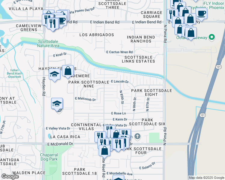 map of restaurants, bars, coffee shops, grocery stores, and more near 8437 East Lincoln Drive in Scottsdale