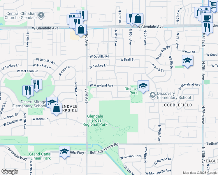 map of restaurants, bars, coffee shops, grocery stores, and more near 8127 West Sierra Vista Drive in Glendale
