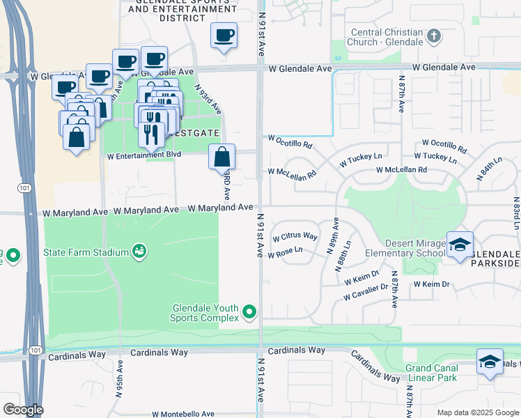 map of restaurants, bars, coffee shops, grocery stores, and more near 6580 North 91st Avenue in Glendale