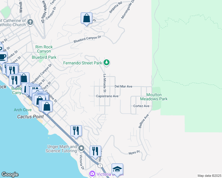 map of restaurants, bars, coffee shops, grocery stores, and more near 1129 Miramar Street in Laguna Beach