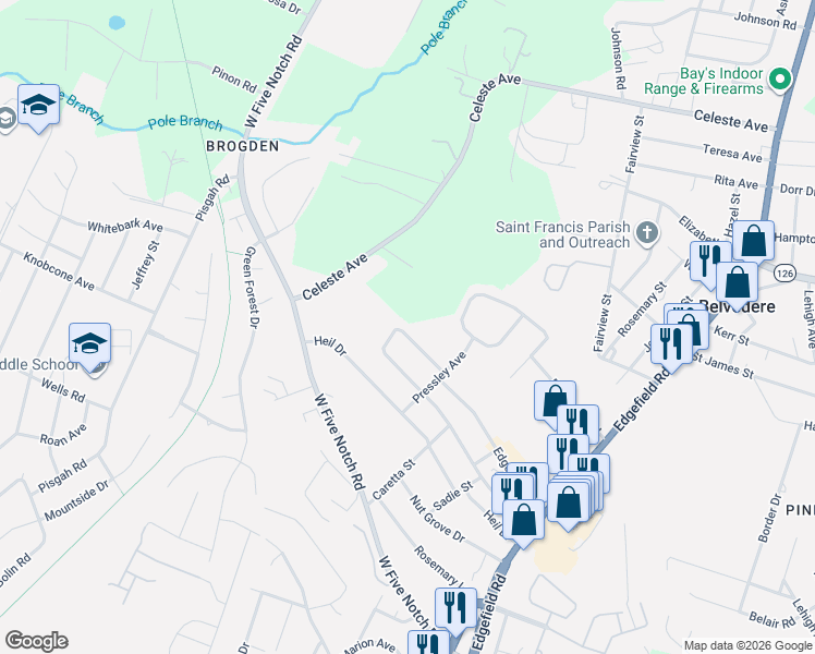 map of restaurants, bars, coffee shops, grocery stores, and more near 410 Kirby Drive in North Augusta