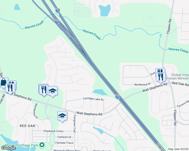 map of restaurants, bars, coffee shops, grocery stores, and more near 451 Gresham Drive in Stockbridge