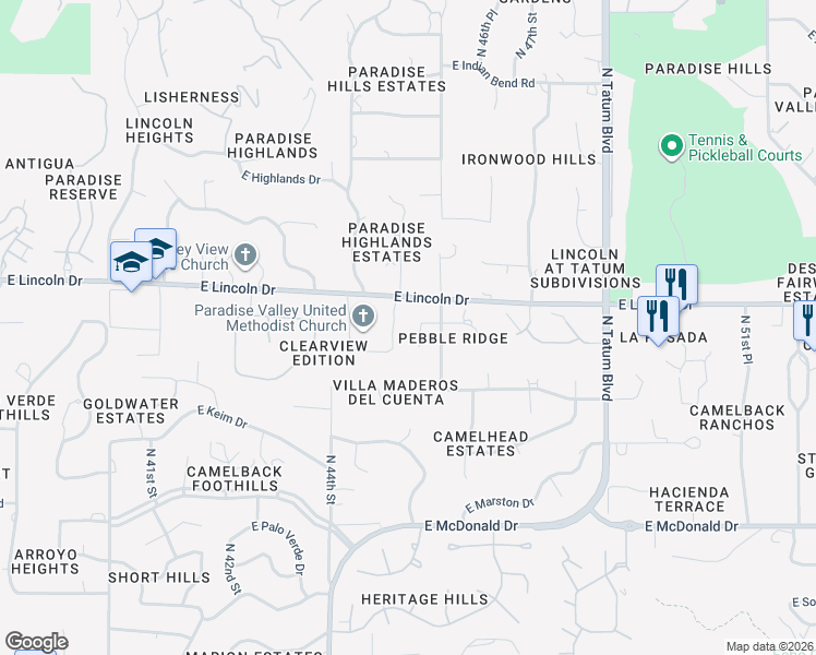map of restaurants, bars, coffee shops, grocery stores, and more near 4455 East Lincoln Drive in Paradise Valley