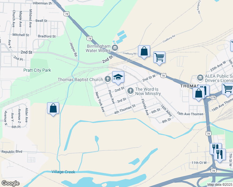 map of restaurants, bars, coffee shops, grocery stores, and more near 219 2nd Street Thomas in Birmingham